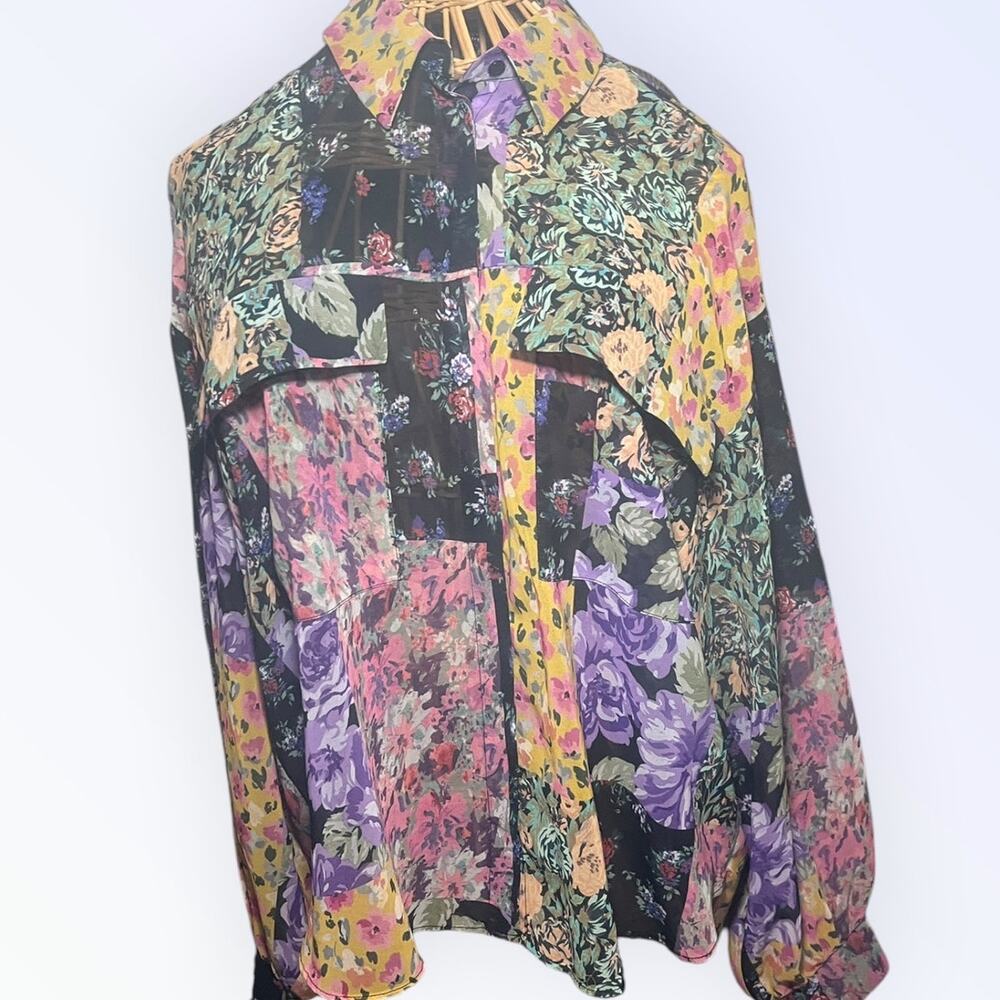 ZARA Multicolor Floral Semi Sheer Chiffon Blouse Size XS NWOT Open Tie Back